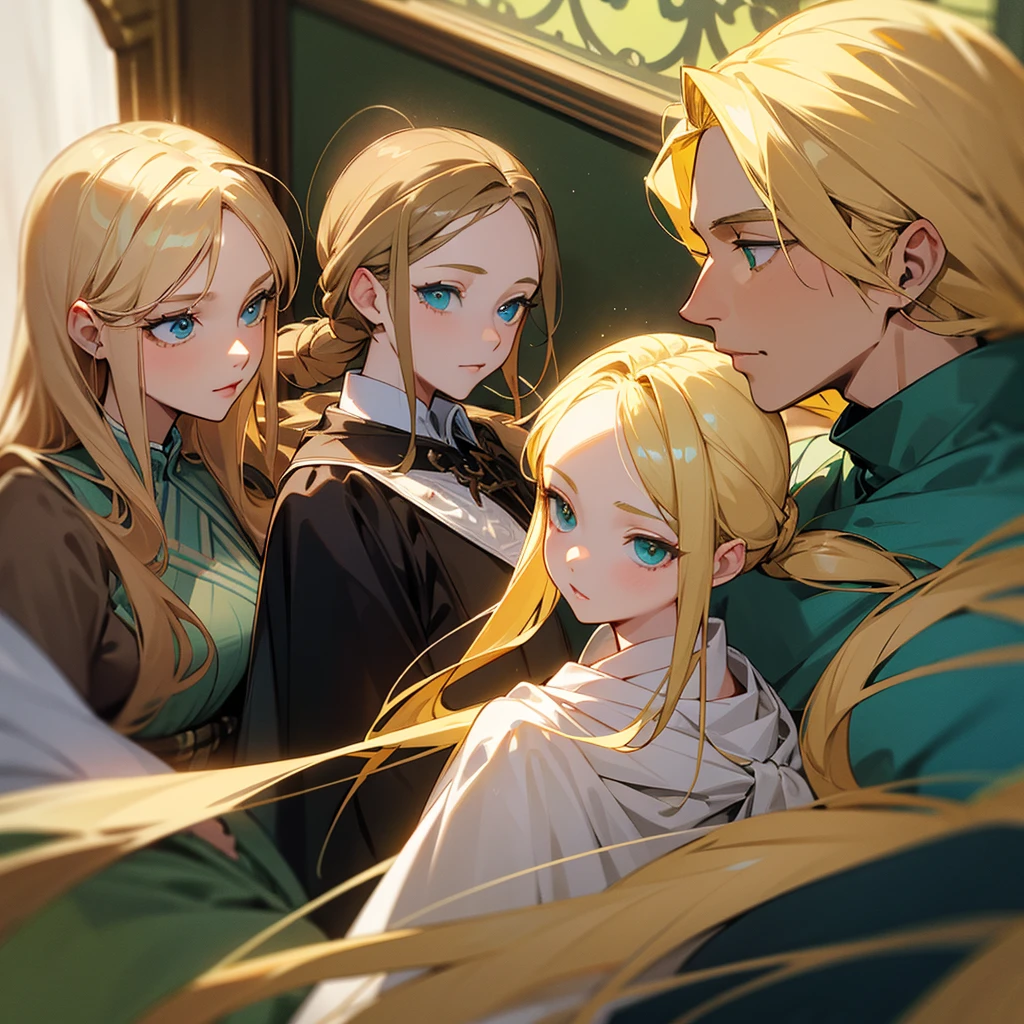 Royal Family with Father with blond hair and green eyes, mother long light brown hair and blue eyes,  blonde hair and green eyes, second son blonde hair and honey eyes, third daughter long blonde hair and green eyes, fourth daughter long blonde hair and blue eyes and fifth son light brown hair and blue eyes.