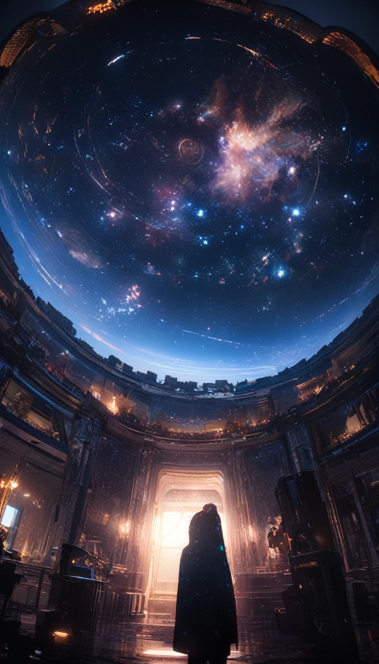 8k,wallpaper of extremely detailed CG unit, ​masterpiece,hight resolution,top-quality,top-quality real texture skin,hyper realisitic,increase the resolution,RAW photos,best qualtiy,highly detailed,the wallpaper,cinematic lighting,ray trace,golden ratio, BREAK ,many stars twinkling in a beautiful bright winter night sky, long exposure starry sky with many circular orbits, silhouette of a  looking up at it, photo taken from long distance, photo from below, beautiful kaleidoscope multiple exposures overlapping