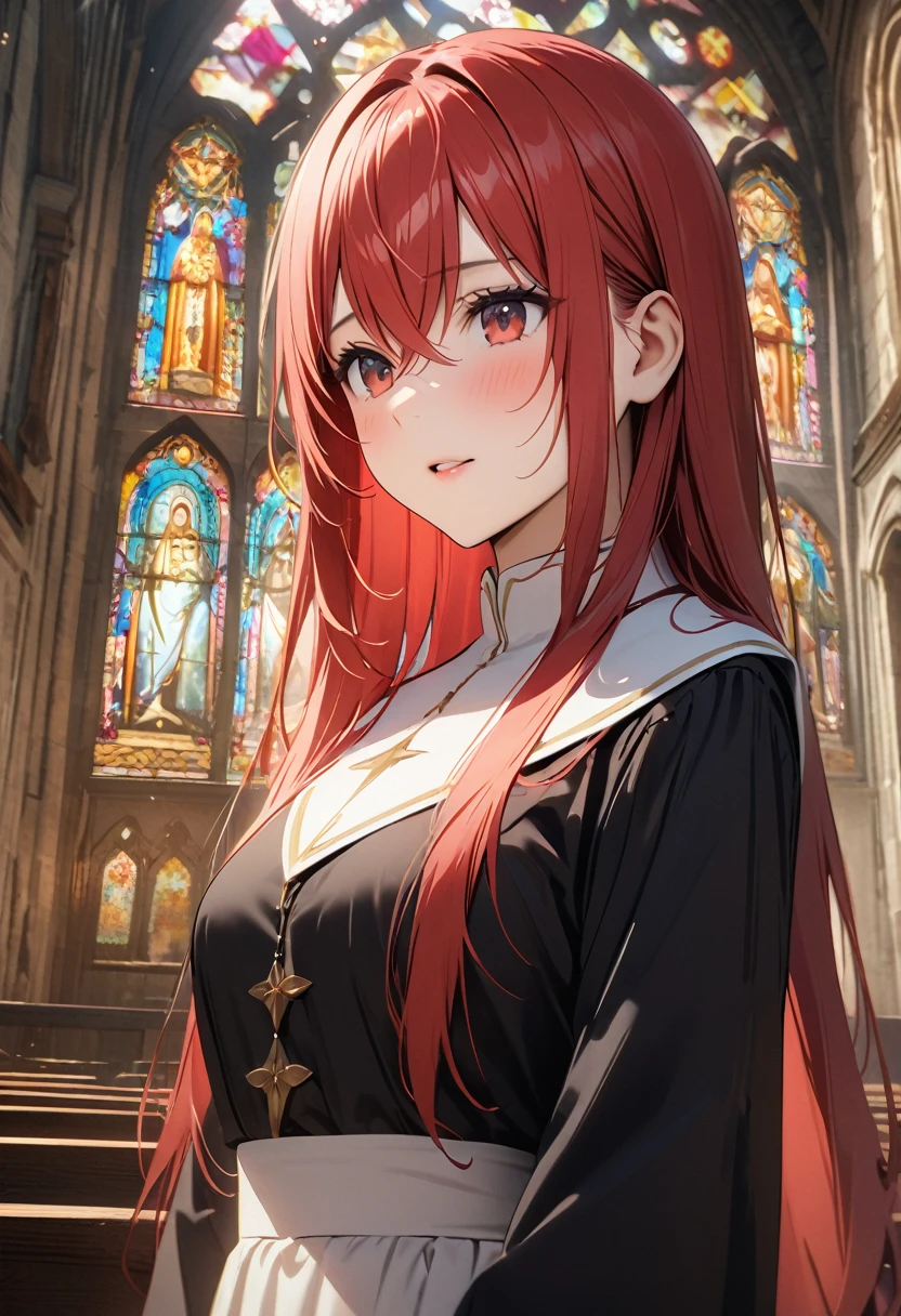 (Highest quality、4K、8k、High resolution、masterpiece:1.2)、Very detailed、Picturesque、Animated Photography、Photo Animation:1.37)、ancient church, stained glass、nun、crossed bangs,、Japanese women、red hair、long hair、stars ornament、Nakano May