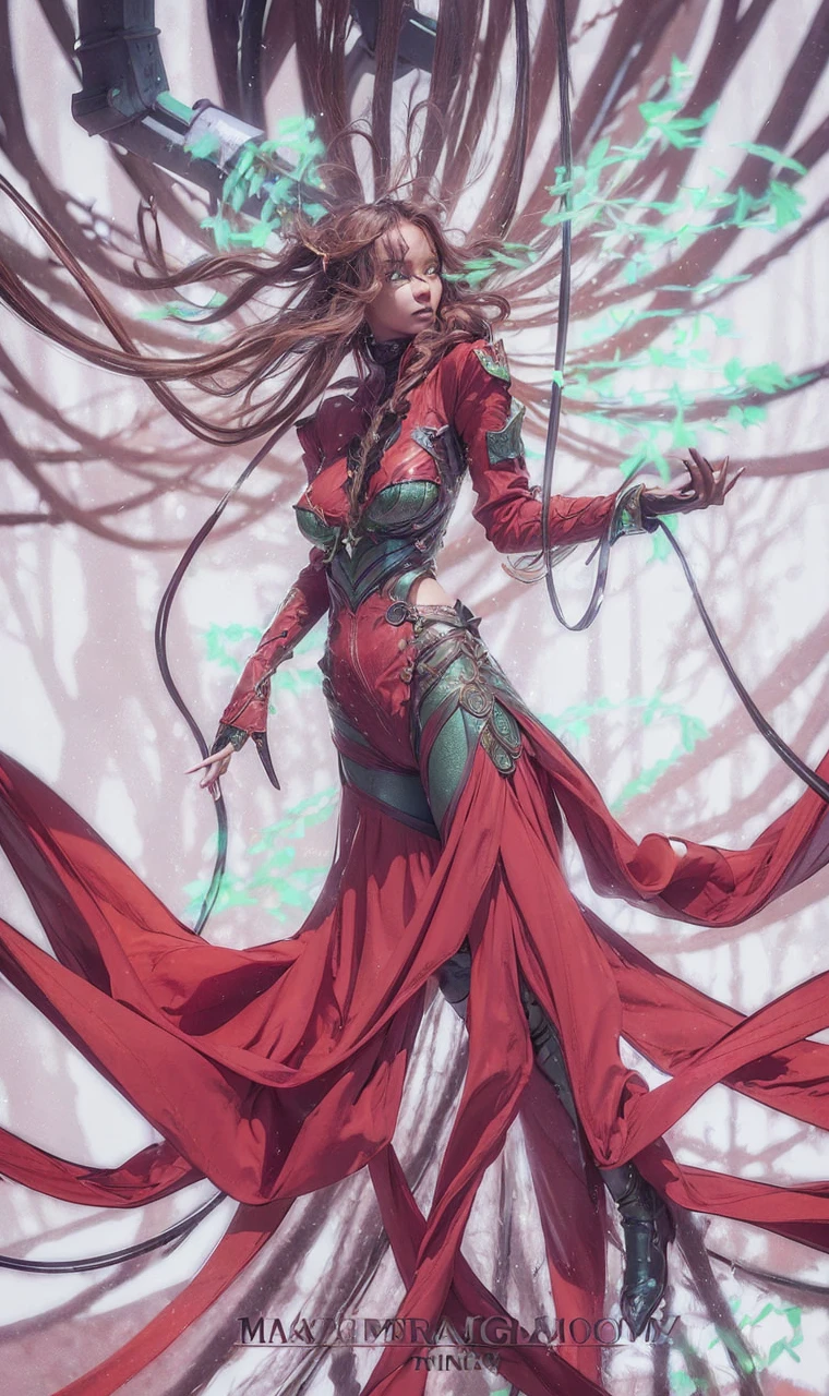 Dark skin, detailed beautiful young woman, reddish golden brown hair, long, wavy and messy hair, Perfect and detailed green eyes., delicate realistic and beautiful symmetrical face, (magic forest background),  ranger suit with leather armor, combine, wildflowers mixed with hair, Whole body, masterpiece, absurdities,good detail, Rich colors, dramatic lighting, extremely detailed, cinematic lighting