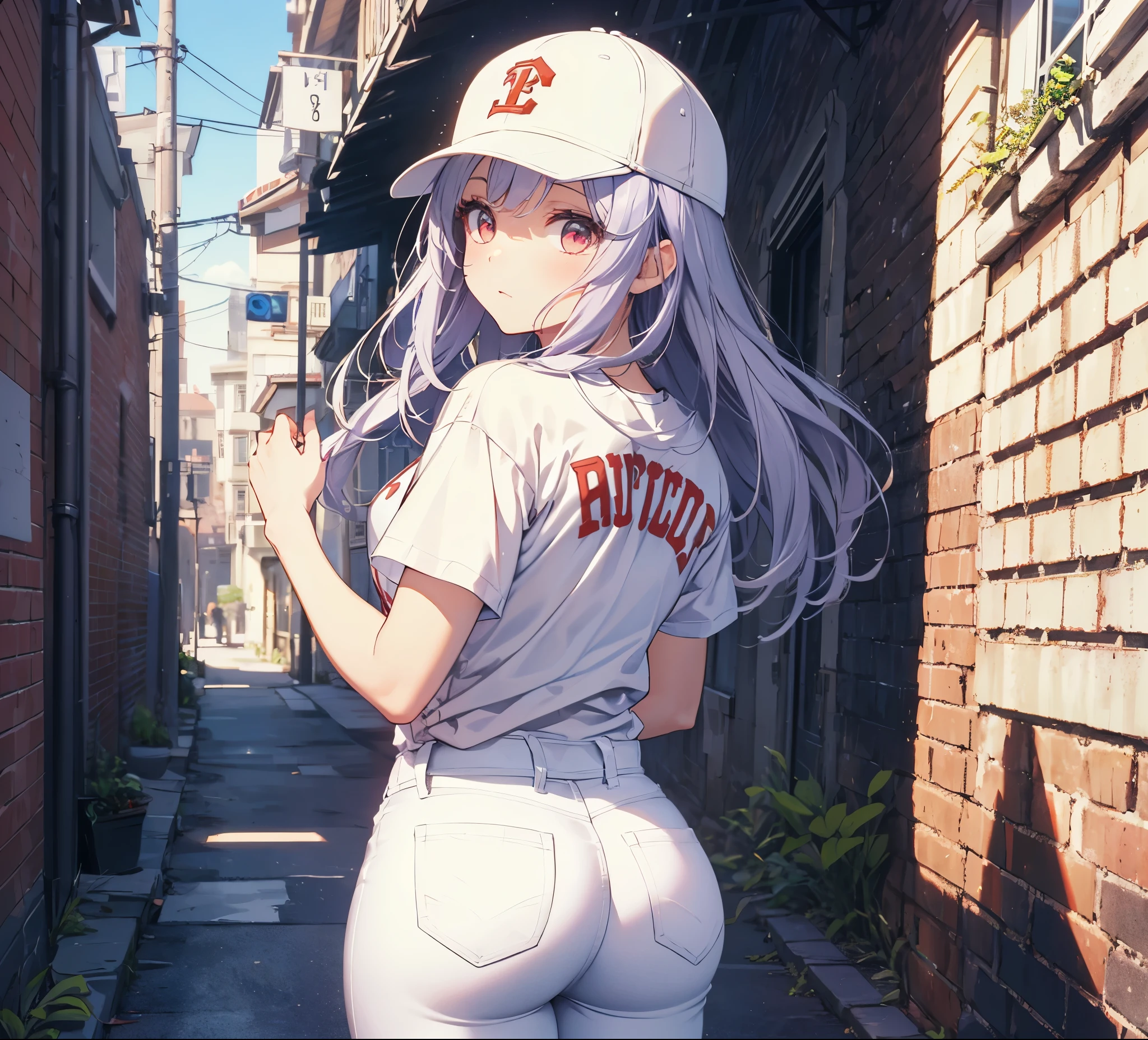 (Close-up:1.3),Realistic,Highest quality, Super detailed, High-quality CG rendering, The most delicate and beautiful, Floating softly, High resolution, (1 person), (Highest quality,4K,8k,masterpiece:1.2), Light purple hair,(Long Hair:1.5),Red eyes,(Pure white oversized short sleeve T-shirt:1.3),(Pure white skinny jeans:1.3),(Pure white baseball cap:1.3),In the city,old buildings,Narrow back alley