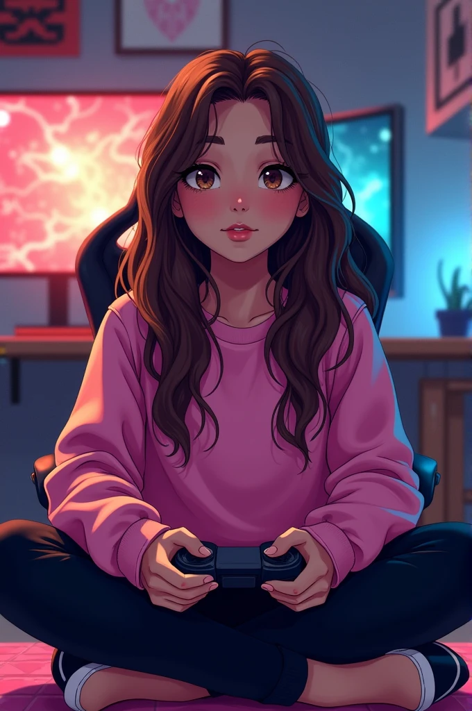 Gamer girl with: brown hair, brown eyes, métis skin, a pink sweat-shirt and a black leggings she is in her gamer room and she have game controllers in his and