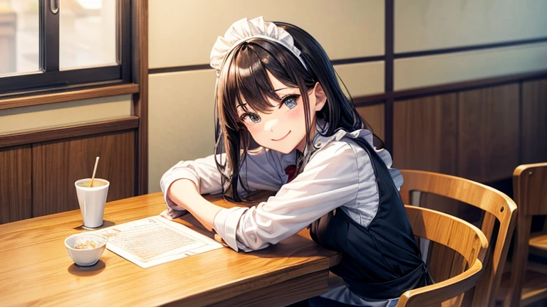 At the table in the maid cafe、Please draw an illustration of a smiling woman in a maid's uniform serving cake and tea.。Women want customers to have fun、We provide services with all our heart.。In the background、The antique-style interior and other guests enjoying themselves are depicted.。