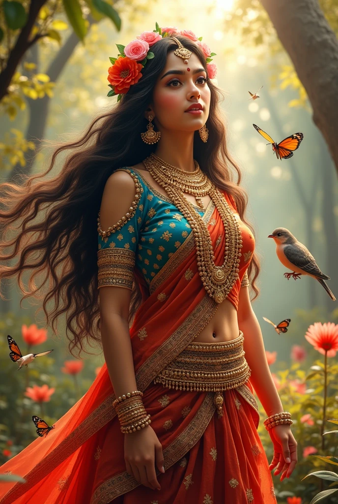 "A divine and breathtaking portrayal of Shree Radharani, exuding grace, beauty, and spiritual radiance. She is depicted with a serene, gentle expression, her large, expressive eyes filled with compassion and love. Radharani is adorned in an exquisitely detailed lehenga choli, rich with vibrant colors like deep reds, golds, and blues, and embellished with intricate embroidery and precious jewels. Her long, flowing hair is adorned with fresh flowers, and she wears delicate, traditional jewelry including a maang tikka, nose ring, earrings, and bangles.The background is a lush, vibrant garden in Vrindavan, filled with blooming flowers, verdant trees, and soft, golden light filtering through the leaves. The environment around her seems to shimmer with a divine glow, as if nature itself is celebrating her presence. Birds and butterflies flutter around her, adding to the idyllic and heavenly atmosphere. The entire image captures the essence of her divine beauty, purity, and the deep spiritual love she embodies."