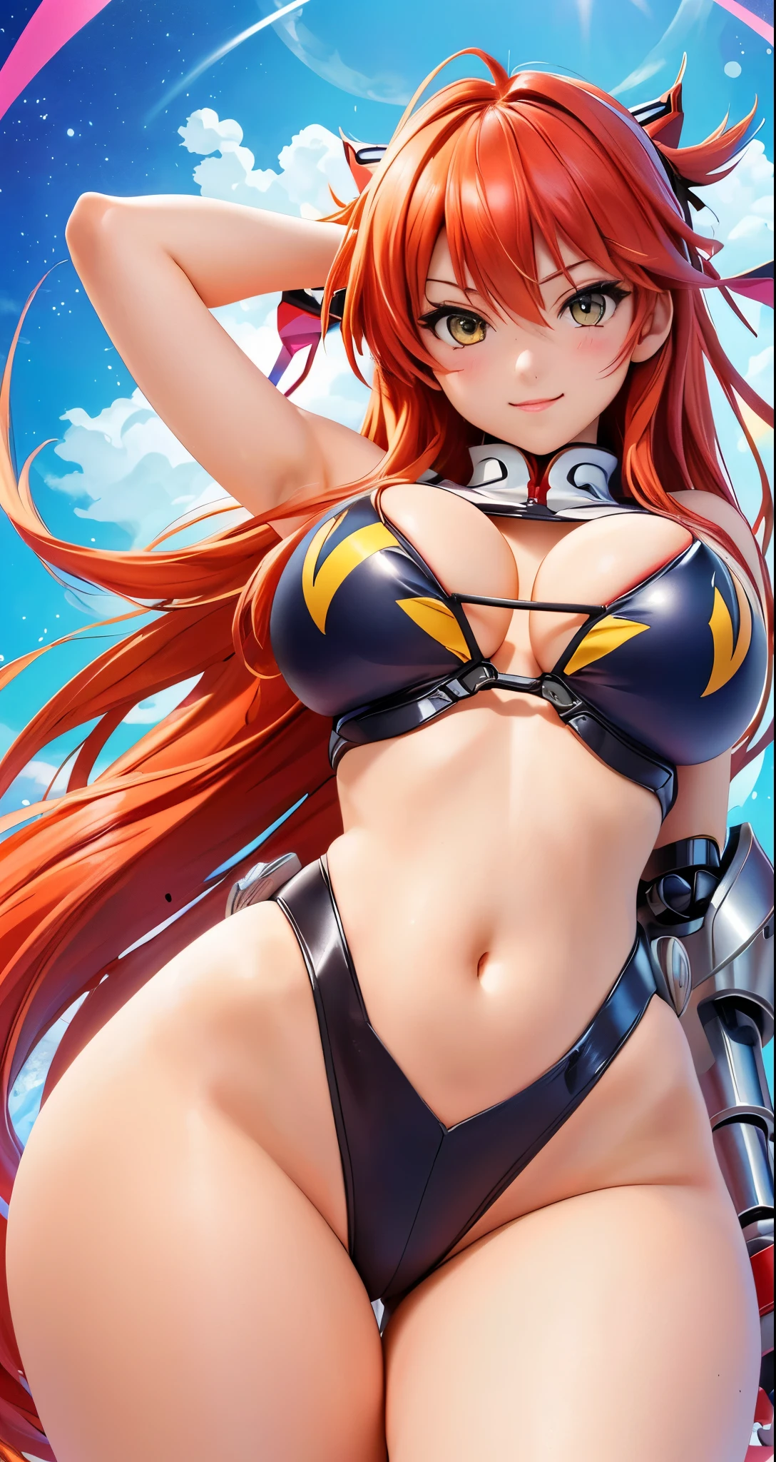 anime girl with red hair and a big breast in a bikini, asuka suit under clothes!, rias gremory, full body zenkai! asuka suit, asuka, biomechanical oppai, oppai, seductive anime girl, miss fortune, marin kitagawa fanart, fujita goro!, ryuko matoi, attractive matoi ryuko, nami, voluptuous, wide hips, thick thighs, big ass