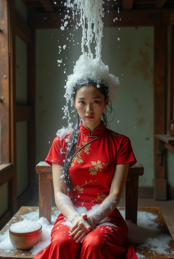 Creating the beauty of Asia，Red traditional cheongsam，Sit on a chair，Keep your feet together，Scratching the scalp with both hands，Wash your hair with both hands on your head，There&#39;s a lot of foam and water on my head，Foam-wrapped head，Realistic bubbles，Character front position，Real People，Character close-up，ancient attic background，9:16 frames，Ultra HD Painting