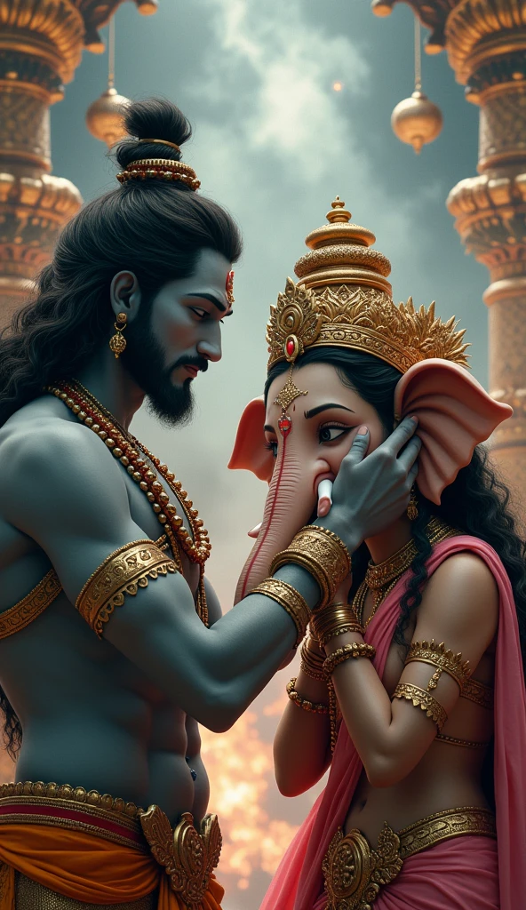 “Revival of Ganesh”: Lord Shiva placing an elephant’s head onto Ganesh’s body, with Devi Parvati’s tears and Shiva’s compassionate expression visible.