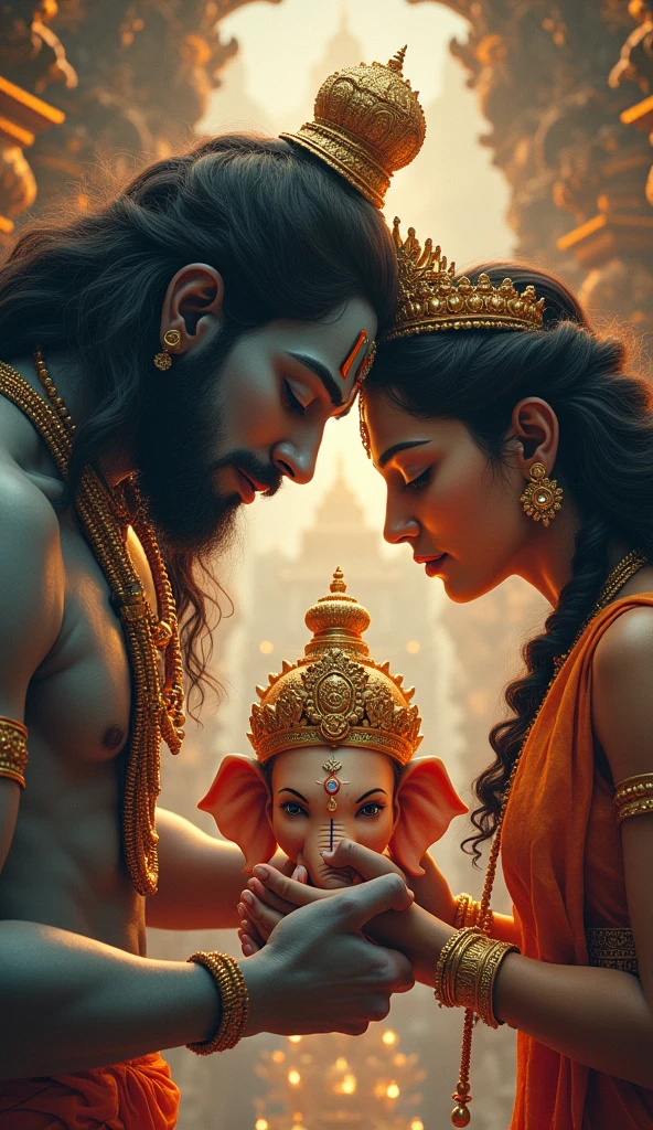 “Revival of Ganesh”: Lord Shiva placing an elephant’s head onto Ganesh’s body, with Devi Parvati’s tears and Shiva’s compassionate expression visible.