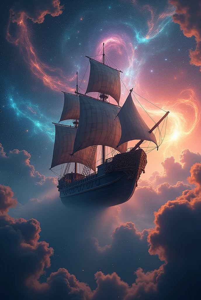 realistic photo of portuguese black ship floating in middle of starring sky, celestial, sky of colorful stars, fantasy theme, cinematic lighting, vibrant lighting