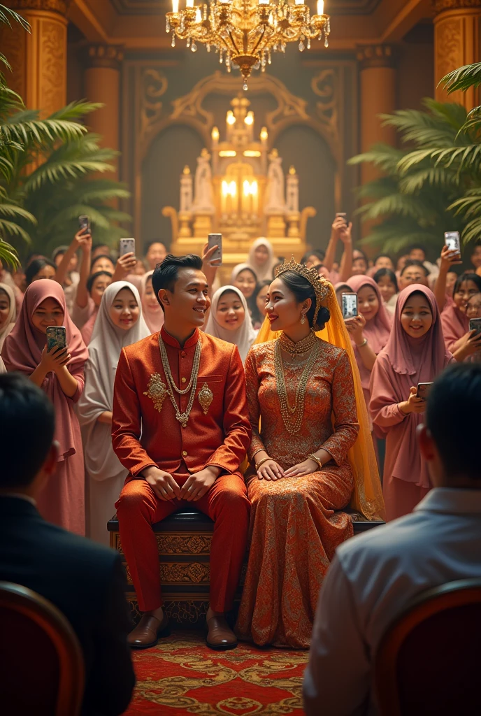 a traditional malay wedding ceremony, bride and groom sitting on the wedding dais, many guests taking photos of the couple with their phones, disturbing the wedding photographer, guests surrounding the photographer during the event, (best quality,4k,8k,highres,masterpiece:1.2),ultra-detailed,(realistic,photorealistic,photo-realistic:1.37),HDR,UHD,studio lighting,ultra-fine painting,sharp focus,physically-based rendering,extreme detail description,professional,vivid colors,bokeh,highly detailed traditional malay wedding,intricate malaysian traditional wedding attire,ornate wedding decor and decorations,warm lighting,emotional candid moments,cultural celebration,lush tropical foliage,cultural heritage,documentary style photography