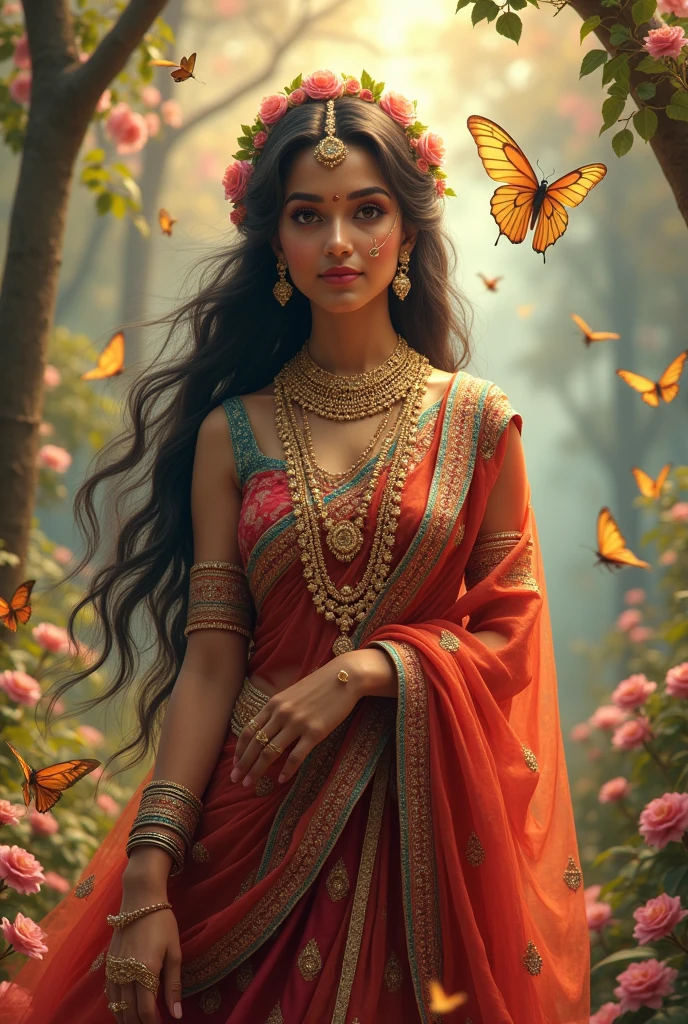 "A divine and breathtaking portrayal of Shree Radharani, exuding grace, beauty, and spiritual radiance. She is depicted with a serene, gentle expression, her large, expressive eyes filled with compassion and love. Radharani is adorned in an exquisitely detailed lehenga choli, rich with vibrant colors like deep reds, golds, and blues, and embellished with intricate embroidery and precious jewels. Her long, flowing hair is adorned with fresh flowers, and she wears delicate, traditional jewelry including a maang tikka, nose ring, earrings, and bangles.The background is a lush, vibrant garden in Vrindavan, filled with blooming flowers, verdant trees, and soft, golden light filtering through the leaves. The environment around her seems to shimmer with a divine glow, as if nature itself is celebrating her presence. Birds and butterflies flutter around her, adding to the idyllic and heavenly atmosphere. The entire image captures the essence of her divine beauty, purity, and the deep spiritual love she embodies."