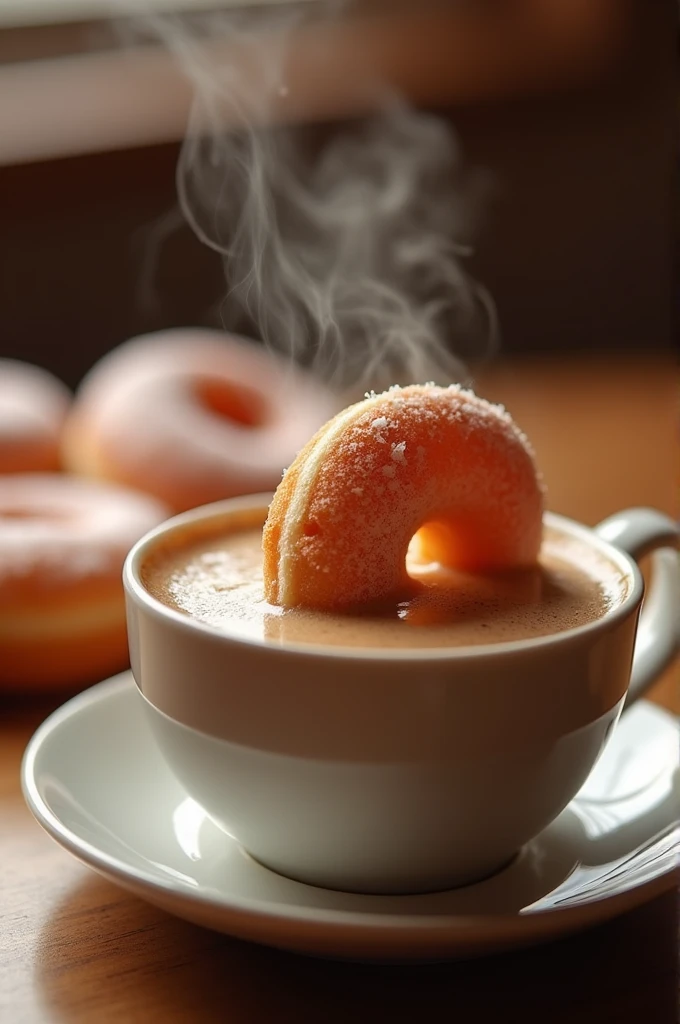 A close-up photo of a
mini donut dipped in a
cup of steaming coffee
or hot chocolate. The
image should have a
warm and inviting
atmosphere.
Keywords: cozy,
delicious, sweet, warm,
inviting, food
photography, macro
lens, natural light,
minimal
post-processing"
