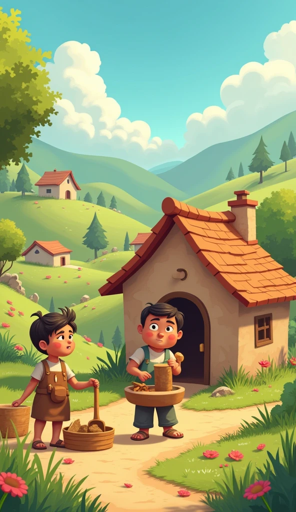 the poor man making his own short home and he is honest and he helping other people of villagers cartoon animation
