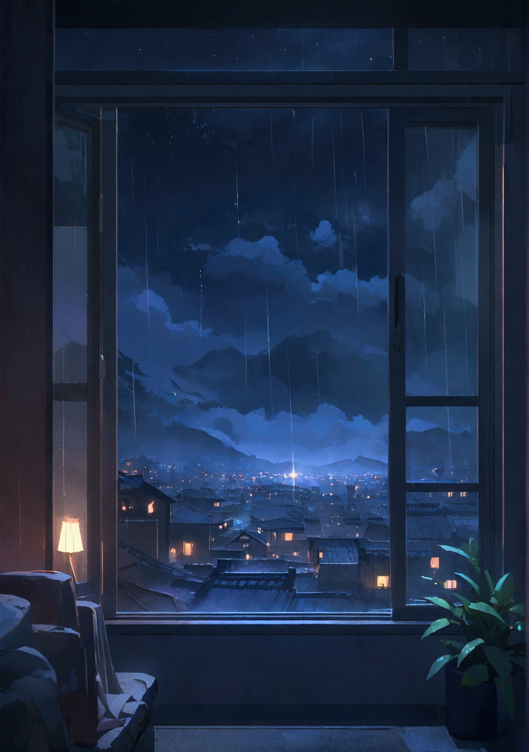 Night view，Living room at home　，Heavy rain outside the window,Xin Haichen,窓から見える大雨の中のNight view