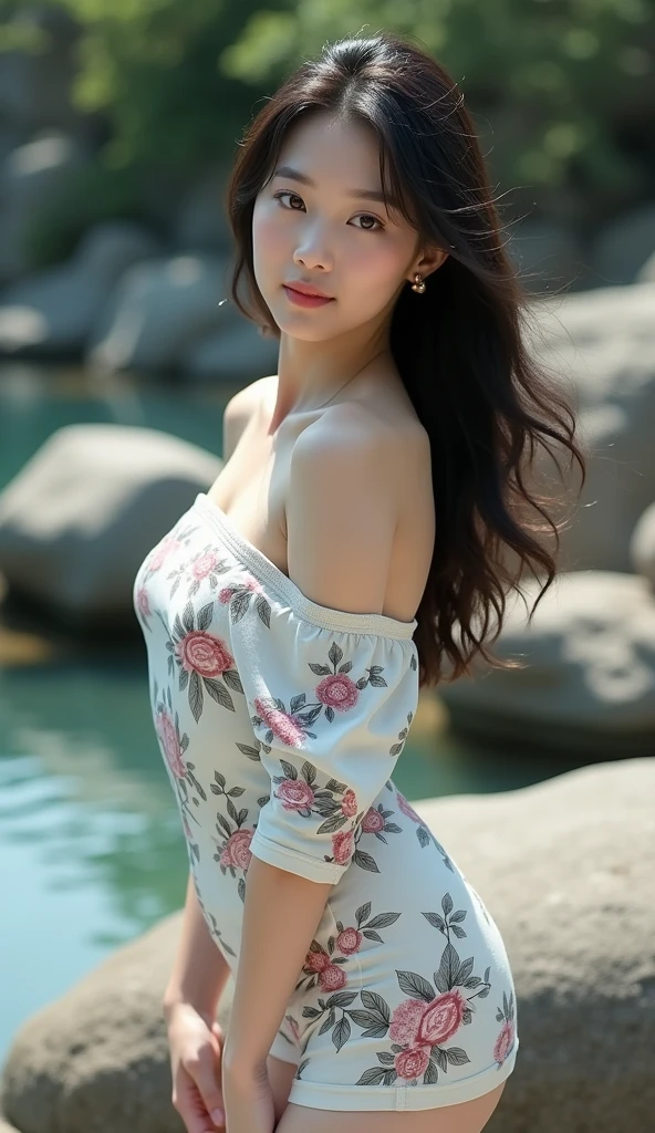A photo of a Japanese woman wearing a tight-fitting shirt. The woman has dark hair and is wearing a shirt with a floral pattern. The shirt is tight-fitting and highlights her curves. The background is a serene setting with rocks and water.