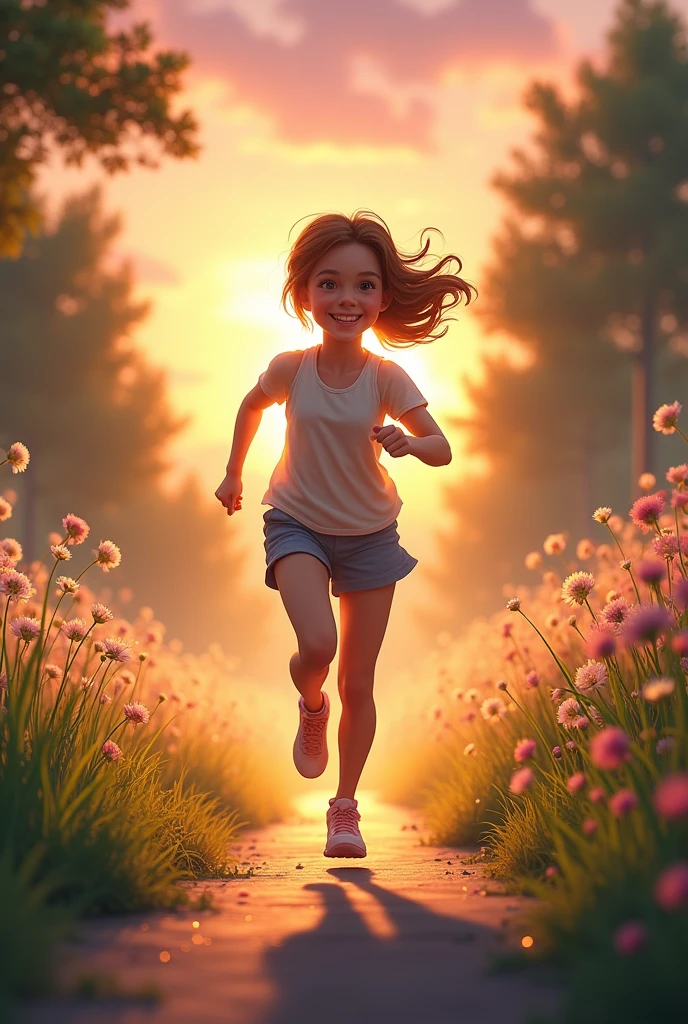 "A serene early morning scene where a young girl is running energetically along a path. The rising sun bathes the entire scene in a warm, golden light, casting long shadows. The girl, dressed in light athletic wear, has flowing hair that catches the soft breeze as she moves forward. Her expression is one of joy and determination. The surroundings include a mix of dew-kissed grass, blooming flowers, and tall trees, with the sky transitioning from night to day, featuring shades of orange, pink, and purple. The sun is partially visible on the horizon, adding a sense of calm and hope to the image."