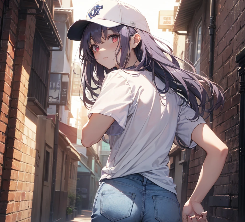 (Close-up:1.3),Realistic,Highest quality, Super detailed, High-quality CG rendering, The most delicate and beautiful, Floating softly, High resolution, (1 person), (Highest quality,4K,8k,masterpiece:1.2), Light purple hair,(Long Hair:1.5),Red eyes,(Pure white oversized short sleeve T-shirt:1.3),(Pure white skinny jeans:1.3),(Pure white baseball cap:1.3),In the city,old buildings,Narrow back alley,(front:1.3)