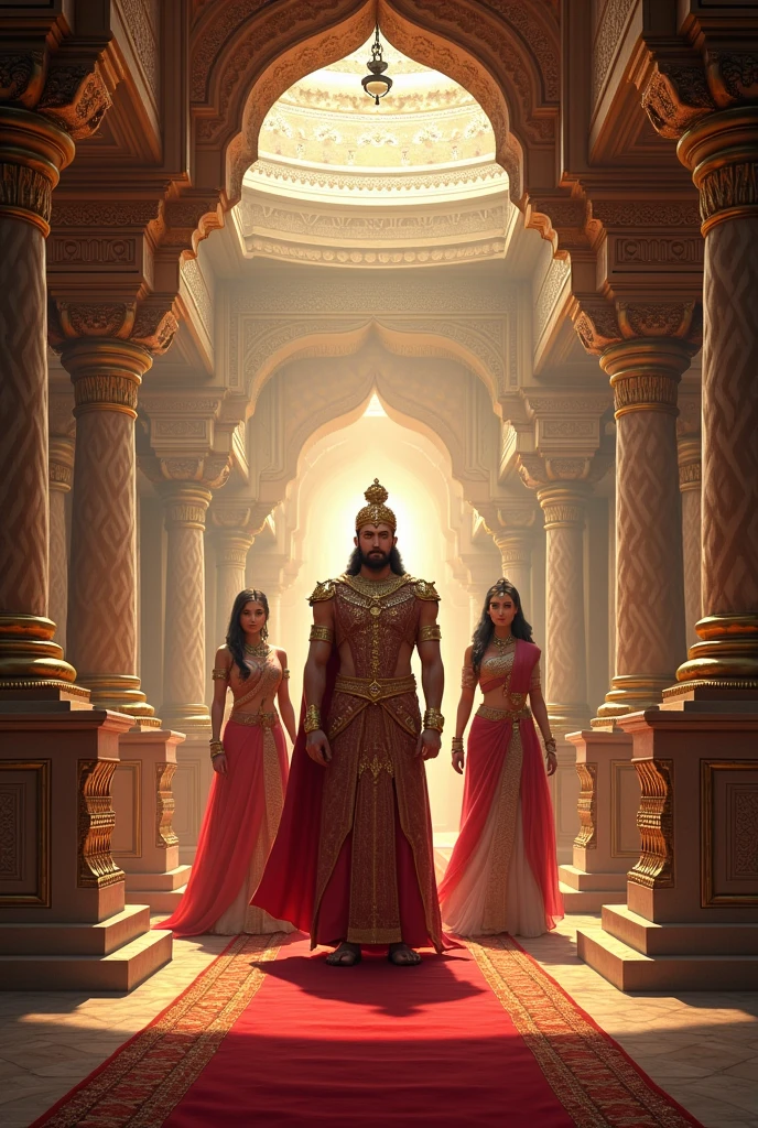 भव्य भारतीय महल, राजा विक्रमादित्य और रानियाँ, महल के अंदर एक शानदार और ऐतिहासिक आभा। राजा के पास रानियां खडी है