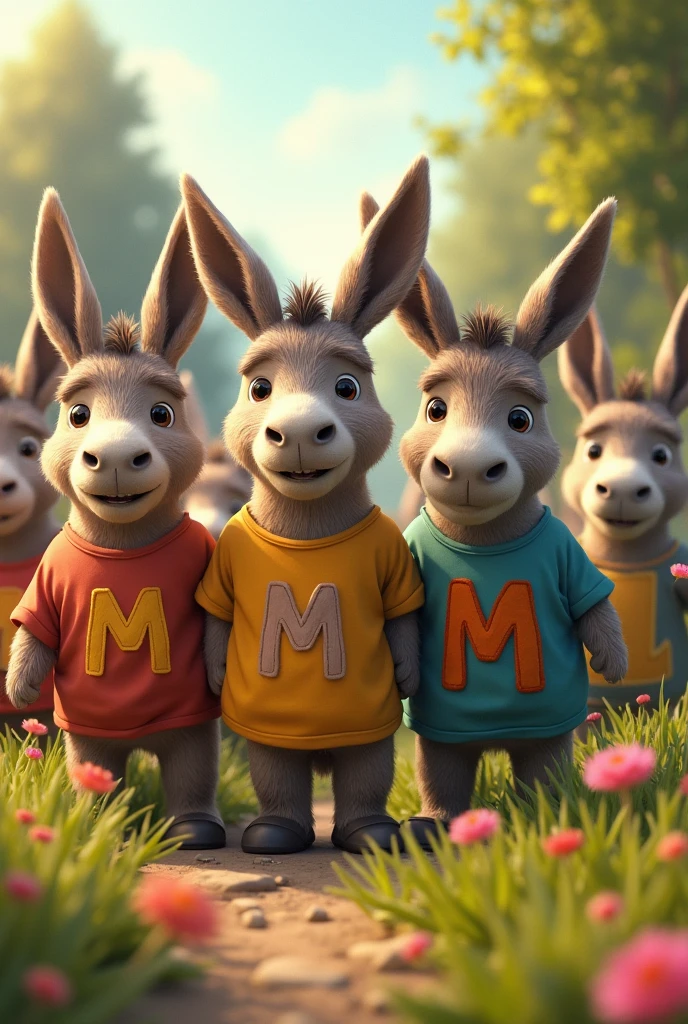Create an image with donkeys wearing t-shirts with the letter M 