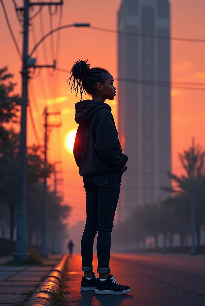 A sub-saharan girl ager with her natural hair plaited in twists and tied in a messy bun. She is dressed in a black hoodie, black jeans and black Snickers. Her hands are in her pockets. She's standing by the roadside looking up at a tall building tainted by the rays of a setting sun in the background. The image should show the scene from her back view.