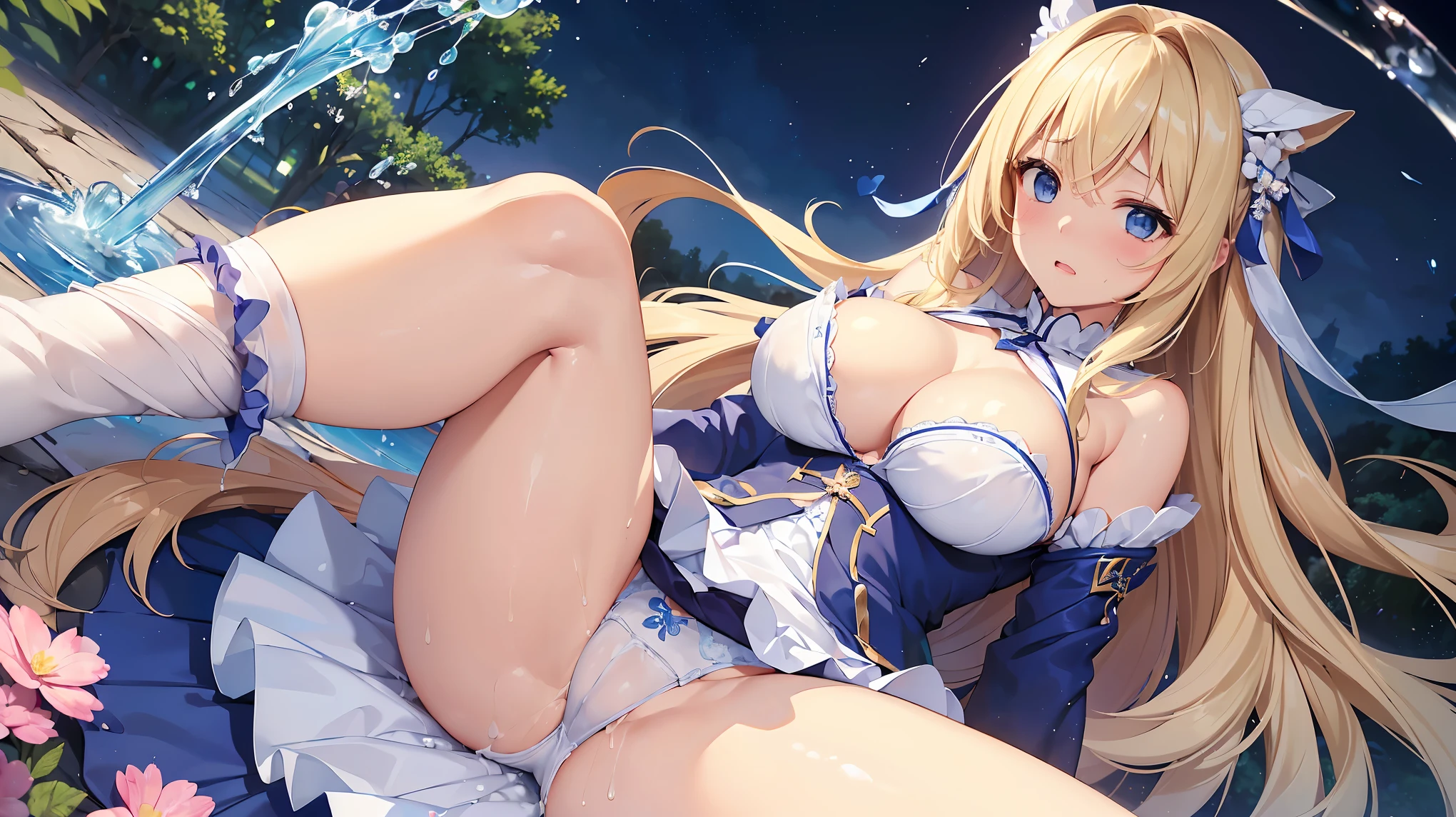 ((Highest quality、High resolution))、Beautiful woman、Perfect body、Beautiful and bountiful breasts、tits、Ass、long blond、bangs、Blue and white、Embellished blue sexy dress、skirt、(((Showing panties、After the rape、Love juice)))、Outdoor Scenery、((Spread your legs、Embarrassed、Frightened expression))