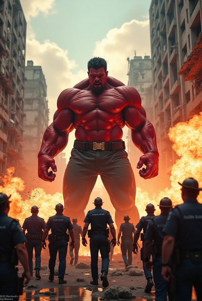  Pastor Apollo Quiboloy transforms into an angry Red Hulk and battles Philippine National Police Chief General Nicolas Torre as Captain Philippines together with his Police Troops face to face. And make it cinematic plus the city looks damage and hyped.