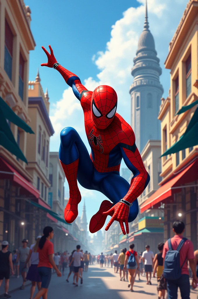 Generate me spider man in Phnom Penh city