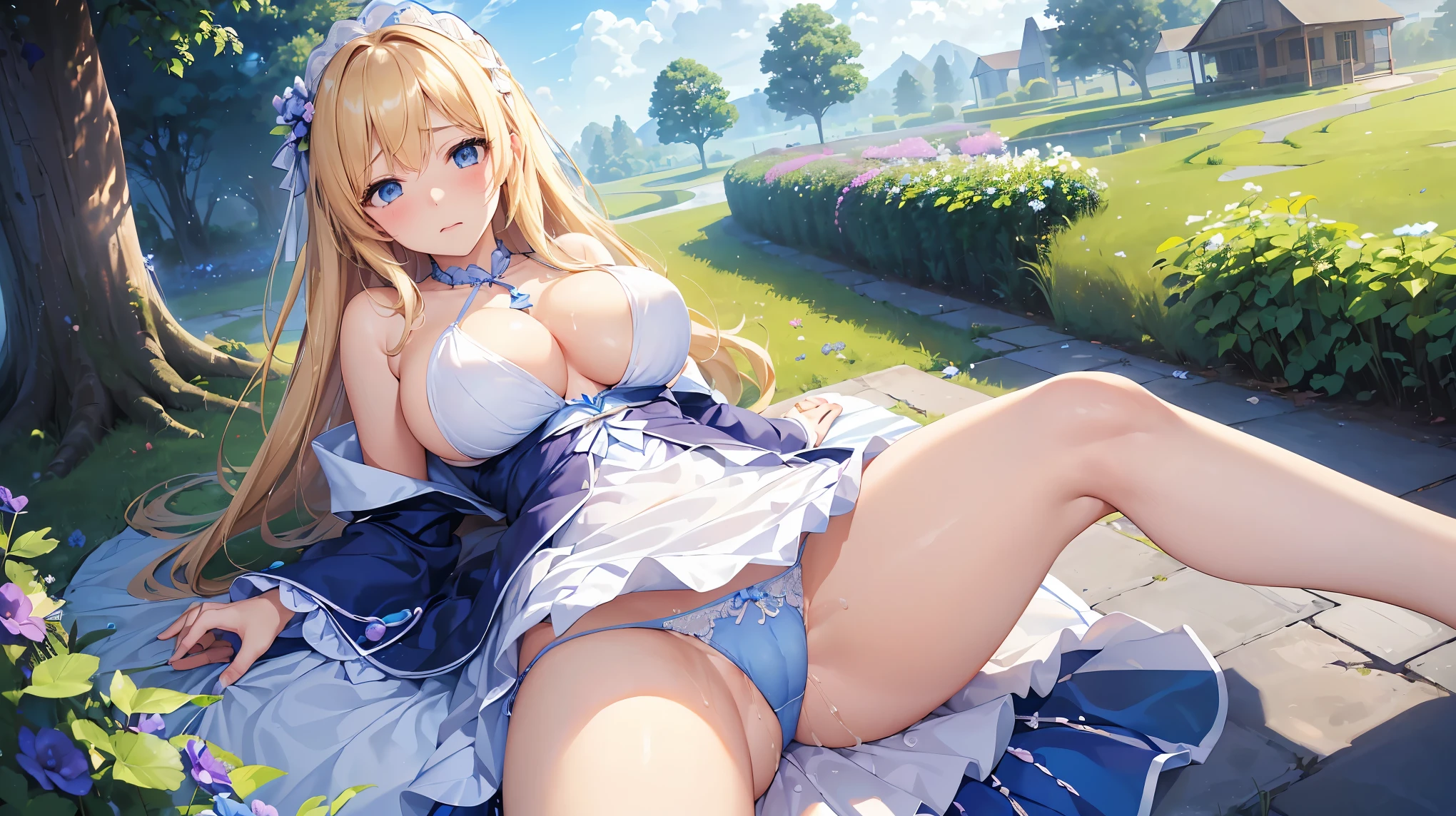 ((Highest quality、High resolution))、Beautiful woman、Perfect body、Beautiful and bountiful breasts、tits、Ass、long blond、bangs、Blue and white、Embellished blue sexy dress、skirt、(((Showing panties、After the rape、Love juice)))、Outdoor Scenery、((Spread your legs、Embarrassed、Frightened expression))