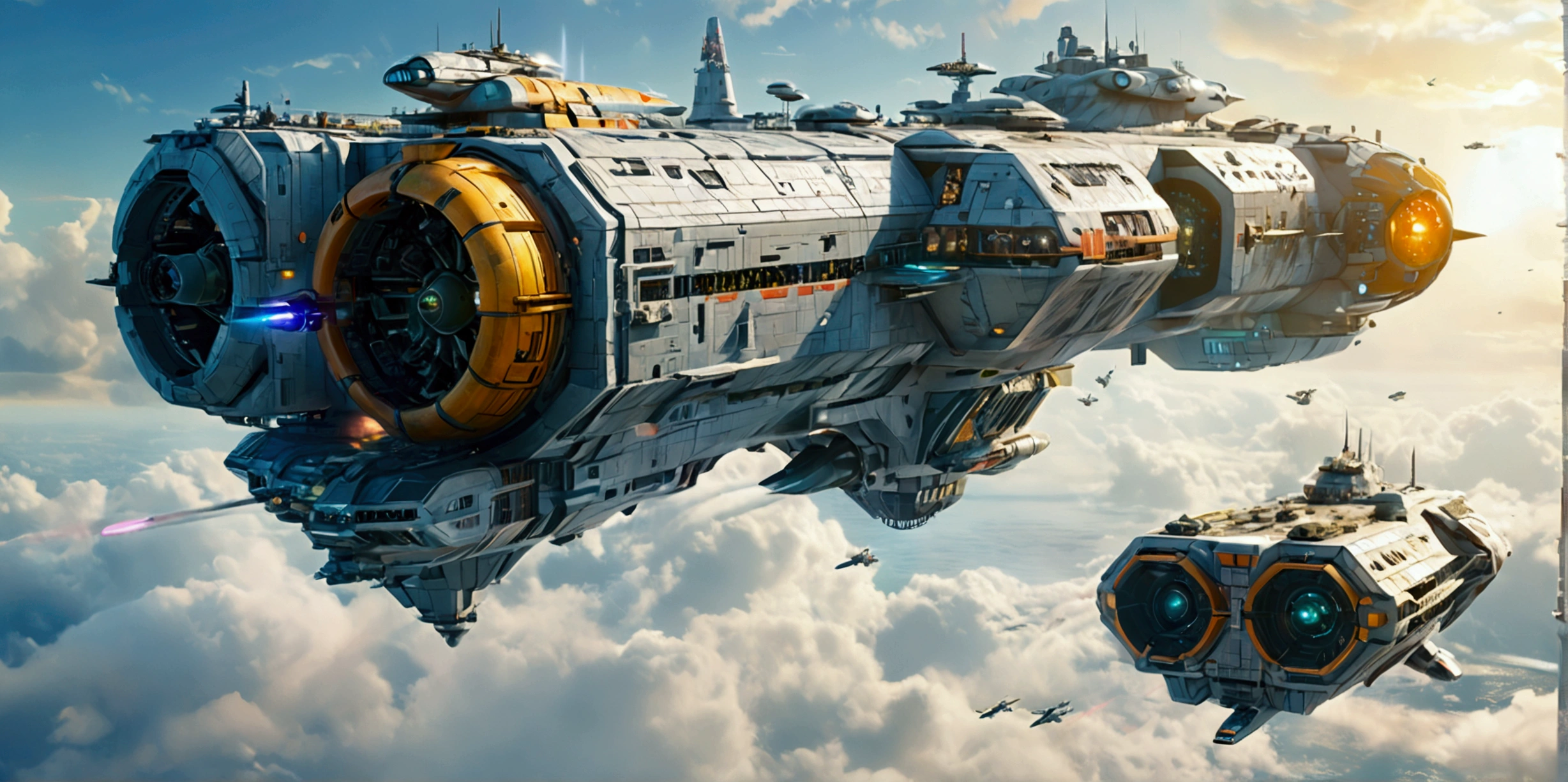 (best quality,ultra-detailed,realistic:1.37), A long wide giant heavily armored divine futuristic flying all terrain biomechanical space battleship covered in rainbow batik pattern and glowing javanese runic symbols, divine halo, flying hovercraft, flying submarine, flying aircraft carrier, flying hotel, flying resort, flying city, flying skyscraper, flying cruise ship, flying yacht, flying castle, flying military base, multiple thrusters, multiple helipad, multiple propeller, mobile headquarters, mobile command center, automatic turrets, missile banks, missile defense system, multi-port rear engine arrays, large pivoted missile pods, anti-air batteries, reactive armour over vital spaces, VTOL thrusters, ventral ground-facing VTOL thruster bays, retractable center cannon, super carrier, sky carrier, space station, floating city, floating castle, white background