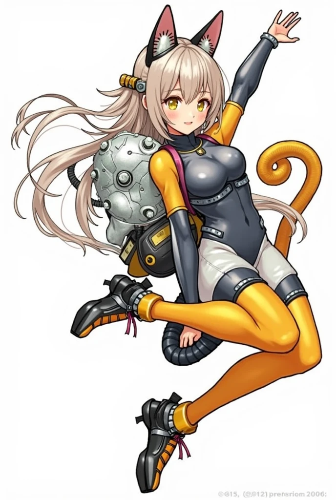 (hair swept bangs:1.3), (long brown hair:1.3), a close up of a person in a cat suit with a cat tail wearing space suit, catgirl, full body art, anime robotic mixed with organic, a cyborg cat, interesting character design, cyberpunk anime girl mech, anime cyborg, anime catgirl, anime style, from girls frontline, fine details. girls frontline, girls frontline universe, girls frontline style, girls frontline, girls frontline cg, soft anime illustration, 2 0 2 2 anime style, 2022 anime style, pixiv contest winner, pretty anime character design, render of april