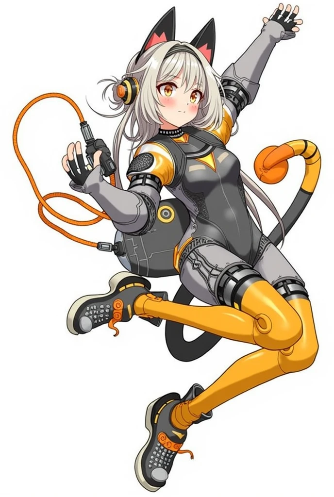 (hair swept bangs:1.3), (long brown hair:1.3), a close up of a person in a cat suit with a cat tail wearing space suit, catgirl, full body art, anime robotic mixed with organic, a cyborg cat, interesting character design, cyberpunk anime girl mech, anime cyborg, anime catgirl, anime style, from girls frontline, fine details. girls frontline, girls frontline universe, girls frontline style, girls frontline, girls frontline cg, soft anime illustration, 2 0 2 2 anime style, 2022 anime style, pixiv contest winner, pretty anime character design, render of april