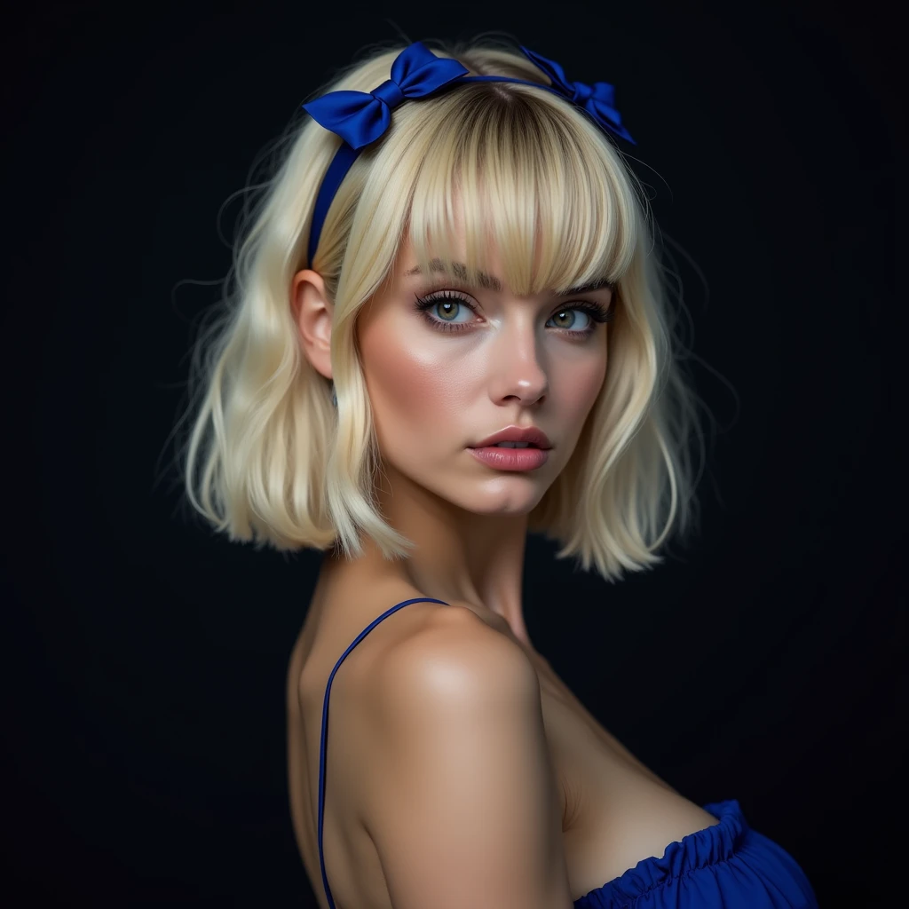 naughty sexy fashion girl with her face straight at the viewer, professional, portrait photography, studio light from above and backlight from behind the head, cutie (Sharp Focus:1.3), very detailed, beautiful detailed face, blonde, square hairstyle, There are two small blue bows on her head, beautiful eyes, --Detailing, whole body, a lot of femininity, Blue dress, Tempting, Dazzling, Black background