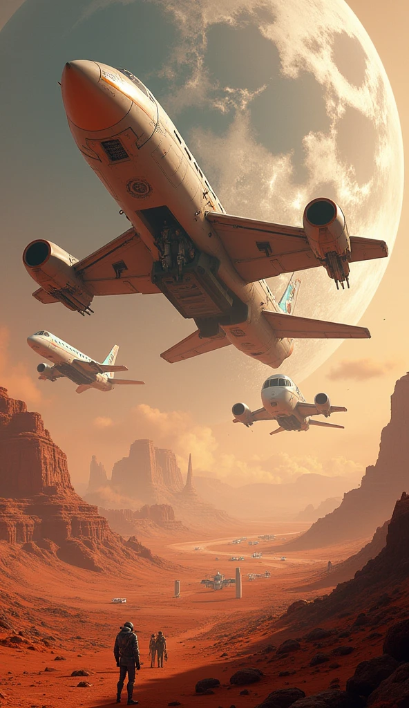 "A dynamic and futuristic depiction of a spaceport with various spacecraft taking off and landing. The scene is set on Mars, featuring a bustling colony with humans and robots. The background shows a distant Earth visible in the Martian sky, emphasizing the connection between the two planets."