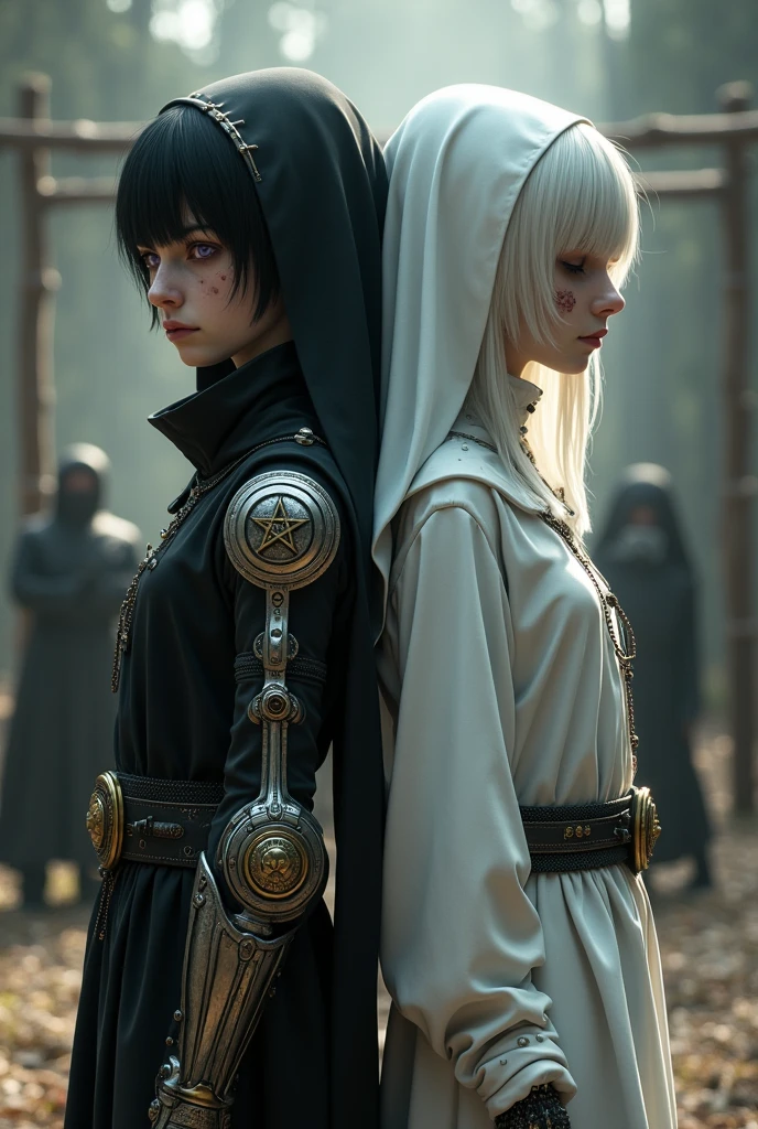 Two realistic pale twins, From the Middle Ages, back to back, the left with violet eye, short black hair, black alchemist robes with technology, cut on the face, steampunk left arm prosthesis, with pentagram and dagger, with a look of suffering, right with white nun clothes, long white hair, eyes closed holding a rosary, with an execution at the stake behind.
