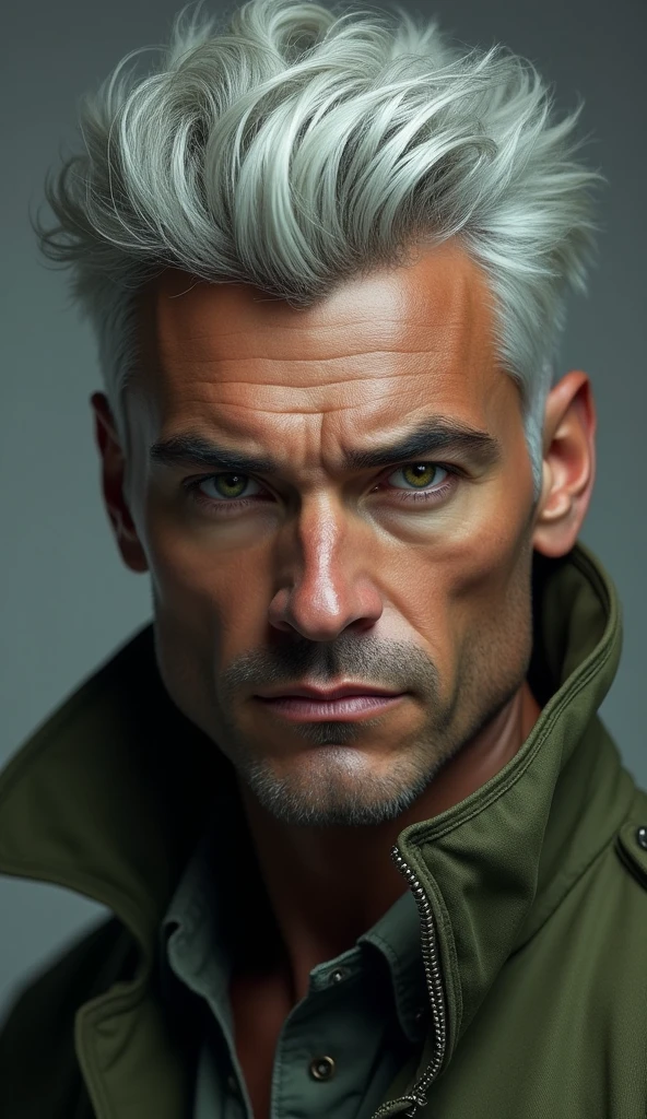 A handsome man with white hair and a sweet face with snow white skin, a tough facial expression, slightly more masculine facial features. Green jacket
