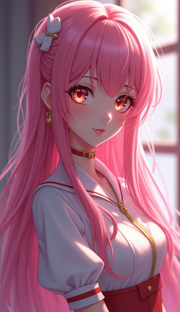 anime ,A beautiful girl with long pink hair in a uniform, detailed face with large expressive eyes, detailed lips, long eyelashes, sailor moon, magical girl, fantasy, soft lighting, vibrant colors, cinematic composition, digital art, highly detailed, masterpiece, (best quality,4k,8k,highres,masterpiece:1.2),ultra-detailed,(realistic,photorealistic,photo-realistic:1.37)