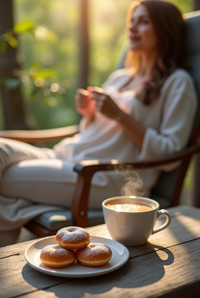 A photo of a person
relaxing on a porch or
patio with a plate of
mini donuts and a cup
of coffee. The image
should have a peaceful
and serene
atmosphere.
Keywords: relaxing,
peaceful, sunny,
outdoor, food
photography, natural
light, DSLR camera,
wide-angle lens,
minimal
post-processing"