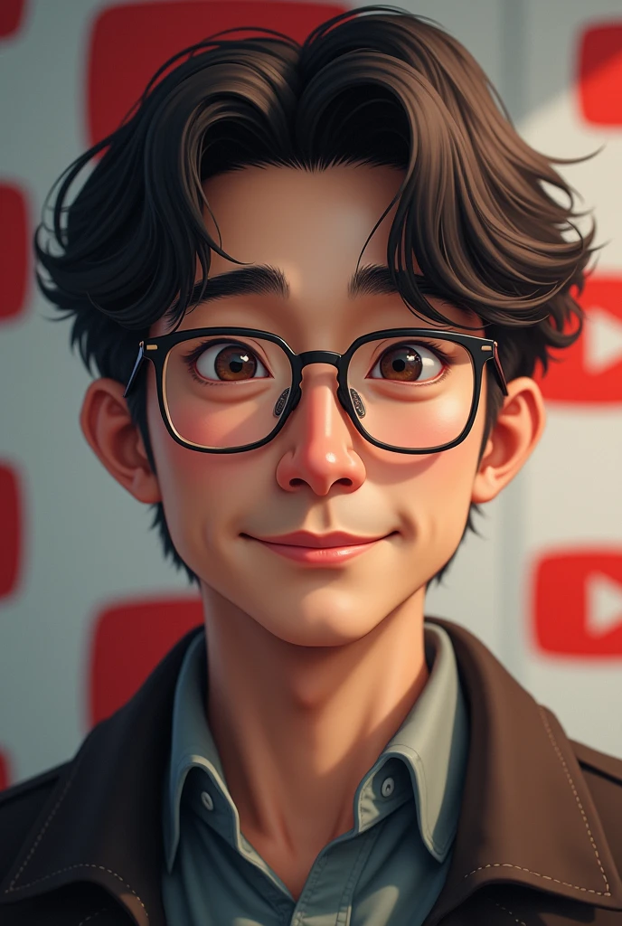 ((Highest quality)), ((masterpiece)), (detailed), One man,Let your bangs down,Brown Hair,round face,youtuber,Japanese,Glasses,mash,middle aged,YouTube mark on background
