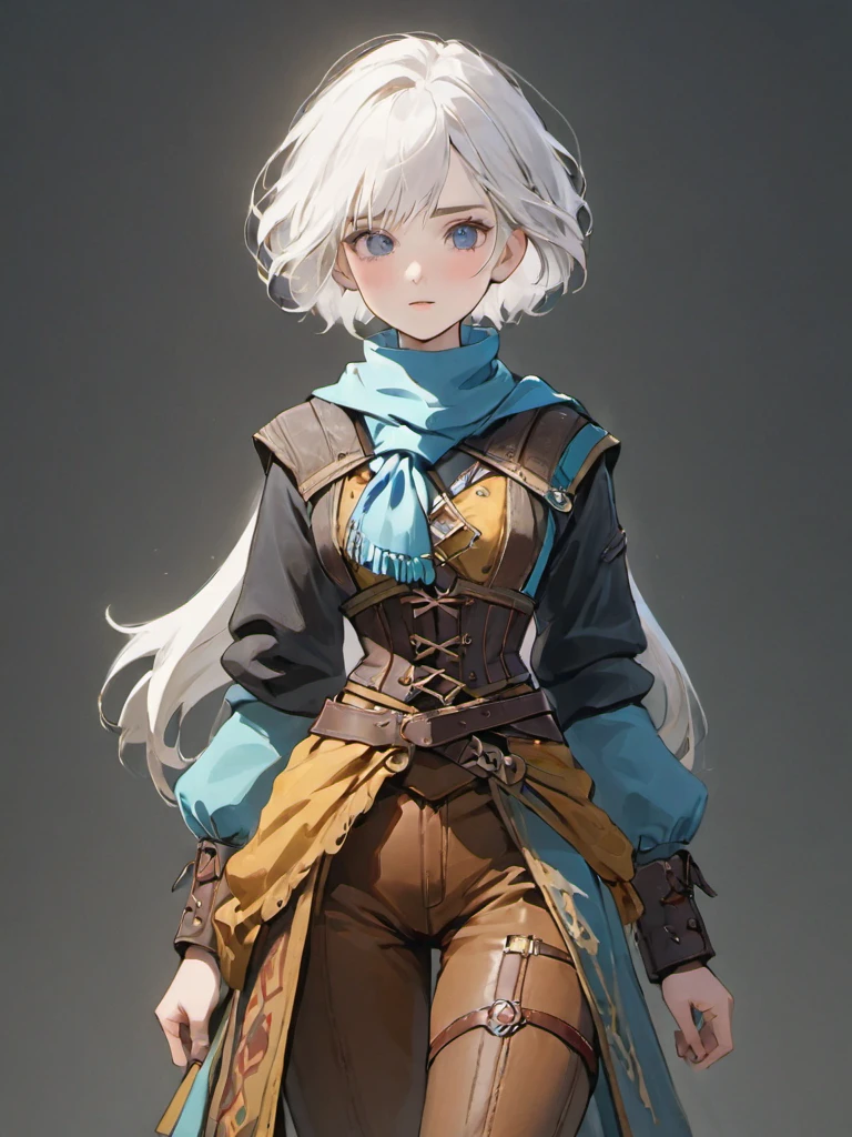 ((sparkling white hair)), white hair, female adventurer, game art style, (masterpiece),  (muted colorful clothing), scarves, leather belts, half skirt over pants and boots, flowing blouse and leather corset, best quality, highres, 4k, 8k, Detailed Illustration, intricate detail, cinematic lighting, amazing quality, 1girl, fit female, amazing shading, soft lighting, facing camera