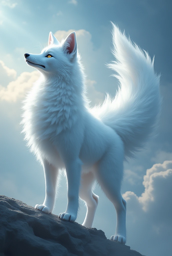 (ancient nine-tailed fox,mythical creature,majestic,powerful,mystical,ethereal,9 tails,white fur,glowing eyes,graceful pose,standing,cloud,sky,ethereal background,dramatic lighting,cinematic angle,dramatic atmosphere,fantasy art,digital art,concept art,highly detailed,photorealistic,epic scale,masterpiece)