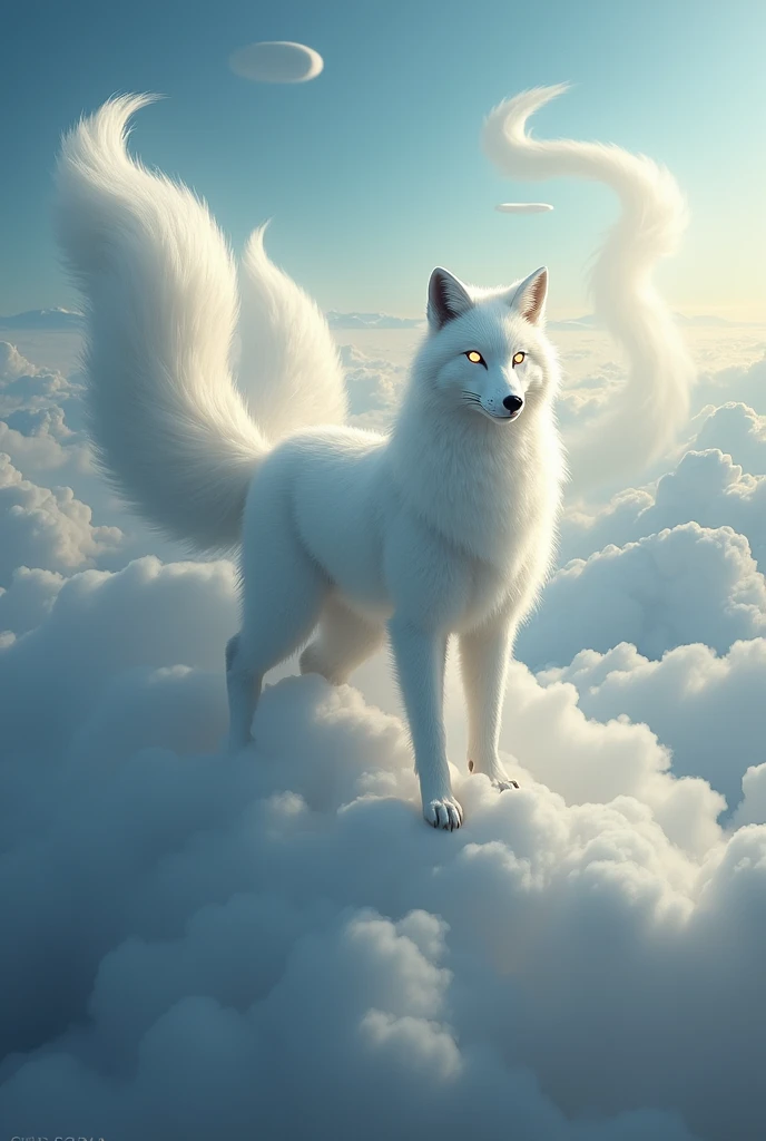 (ancient nine-tailed fox,mythical creature,majestic,powerful,mystical,ethereal,9 tails,white fur,glowing eyes,graceful pose,standing,cloud,sky,ethereal background,dramatic lighting,cinematic angle,dramatic atmosphere,fantasy art,digital art,concept art,highly detailed,photorealistic,epic scale,masterpiece)