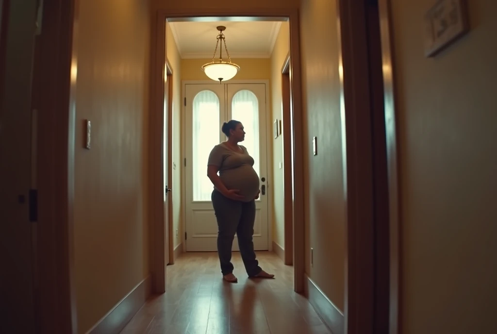 Pov when in front of you there is a plus size stepmother who is standing and facing you who is very pregnant in front of the door., fish eye camera view, iphone camera style. HD, realface, cinematic