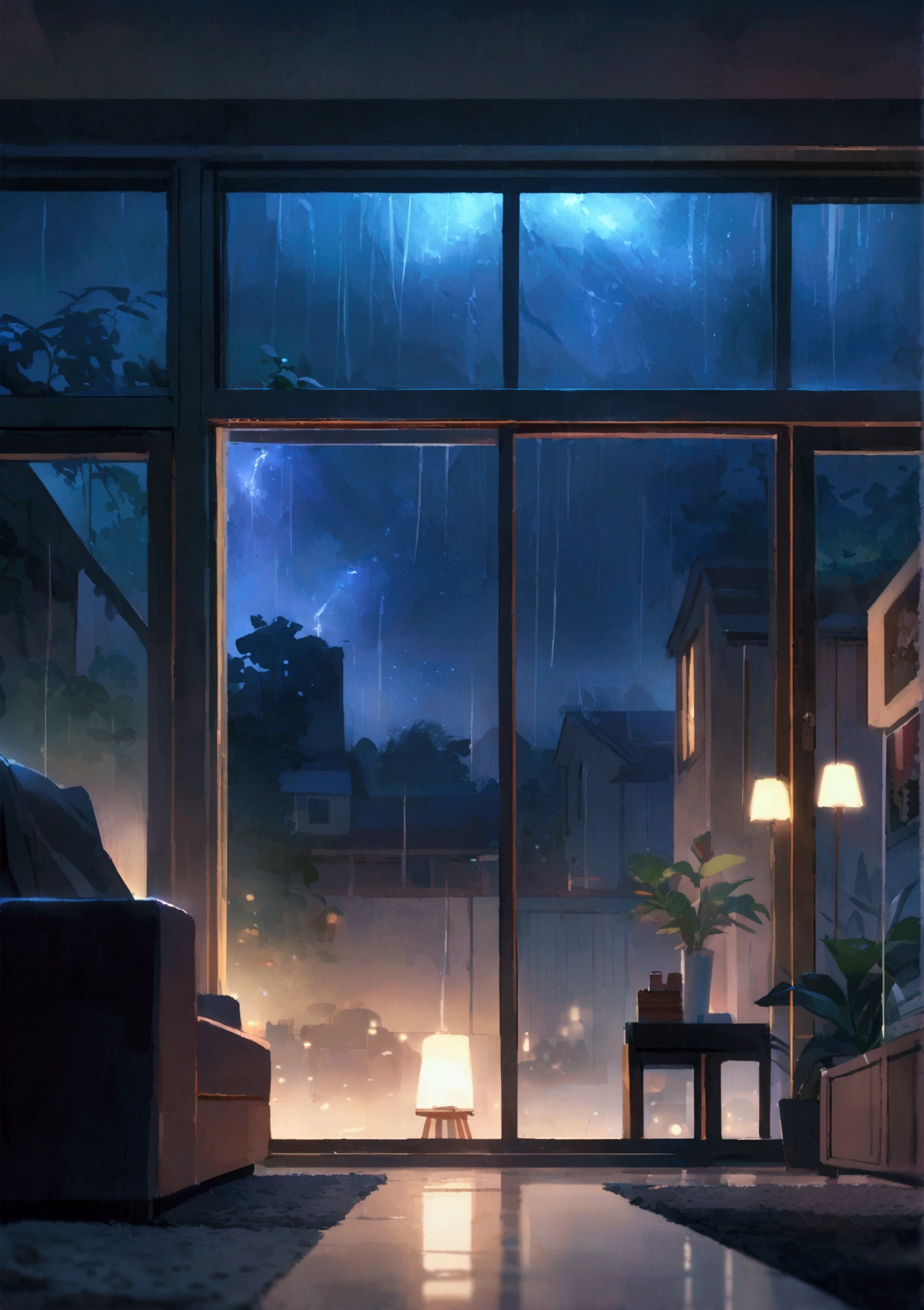 Night view，Living room at home　，Heavy rain outside the window,Xin Haichen,窓から見える大雨の中のNight view