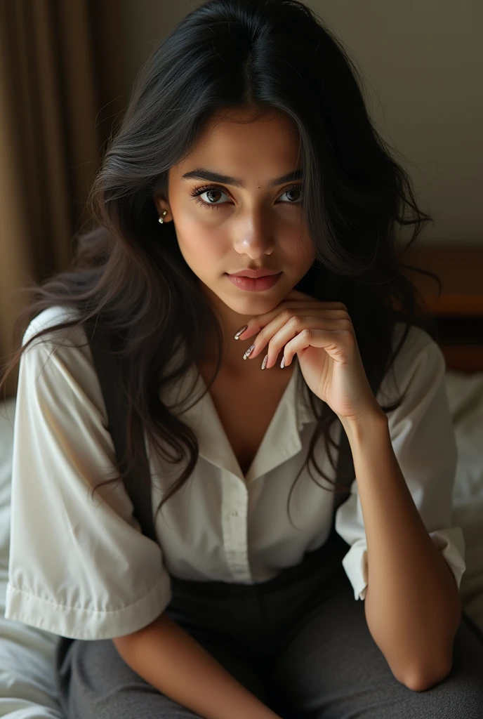 Beautiful White Indian  girl in indian school uniform, realistic photo, large breasts , coy pose, bedroom,  detailed hands and face and eyes, looking away, full body, shot from above, 16k UHD
