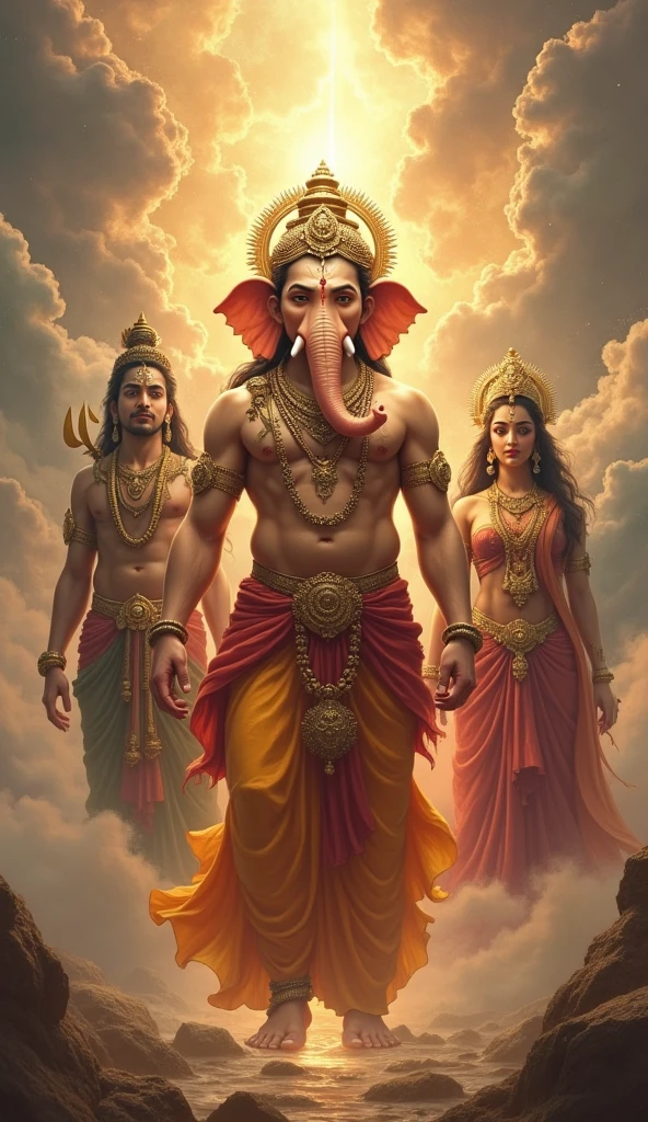 “Birth of Ganesh”: Ganesh standing with a divine aura as a symbol of prosperity and good fortune, with Lord Shiva and Devi Parvati by his side, celebrating his rebirth.