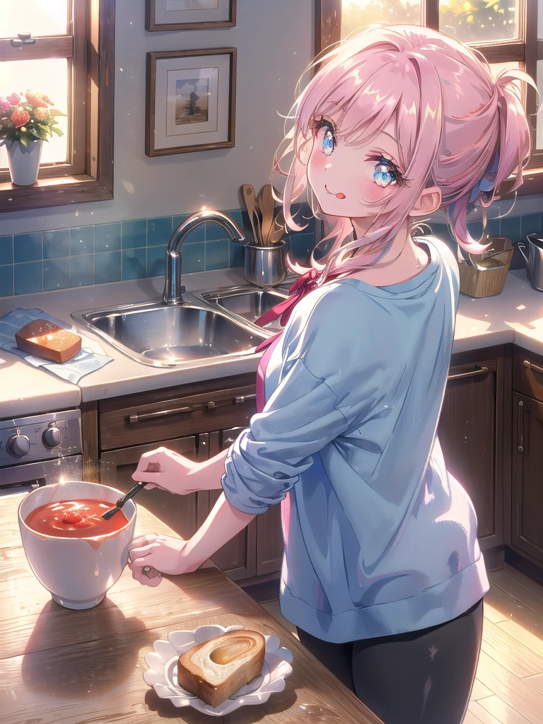 ((8k, Highest quality, masterpiece: 1.3)),Ultra-high resolution,(1 girl, alone), (Color changing eyes, Ultra-detailed, Expressive brilliance, Glitter, Glowing Eyes), Highly detailed eyes, Highly detailed face, Random Hair, ((pastel colour) The woman sits across a small wooden table in a cozy kitchen, where a simple bowl of tomato soup and a single slice of buttered toast are placed. She’s wearing a casual light blue T-shirt and black leggings, her hair loosely tied back. The sunlight streams in through a nearby window, casting a warm glow on the scene. She’s leaning forward slightly, her elbows on the table, looking at the camera with a playful smile, her eyes sparkling with affection as she playfully sticks her tongue out, teasing her boyfriend.