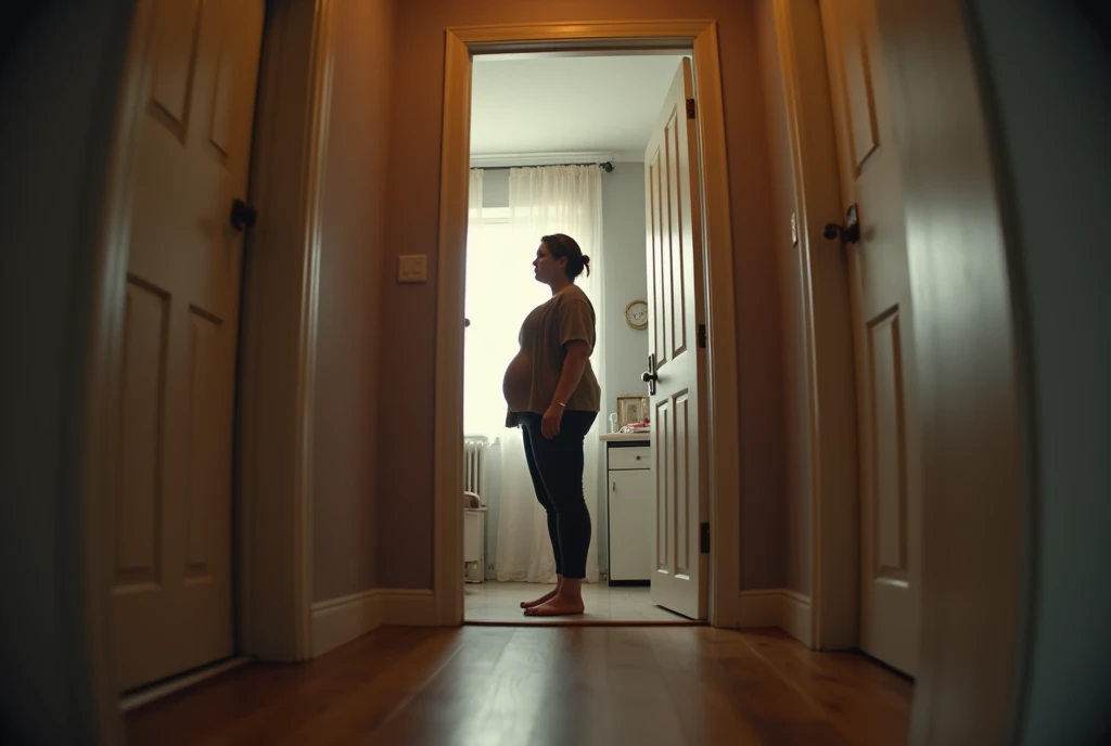 Pov when there is a plus size stepmother who is standing and face to face with you who is very pregnant in front of the door, fish eye camera view, iphone camera style. HD, realface, cinematic