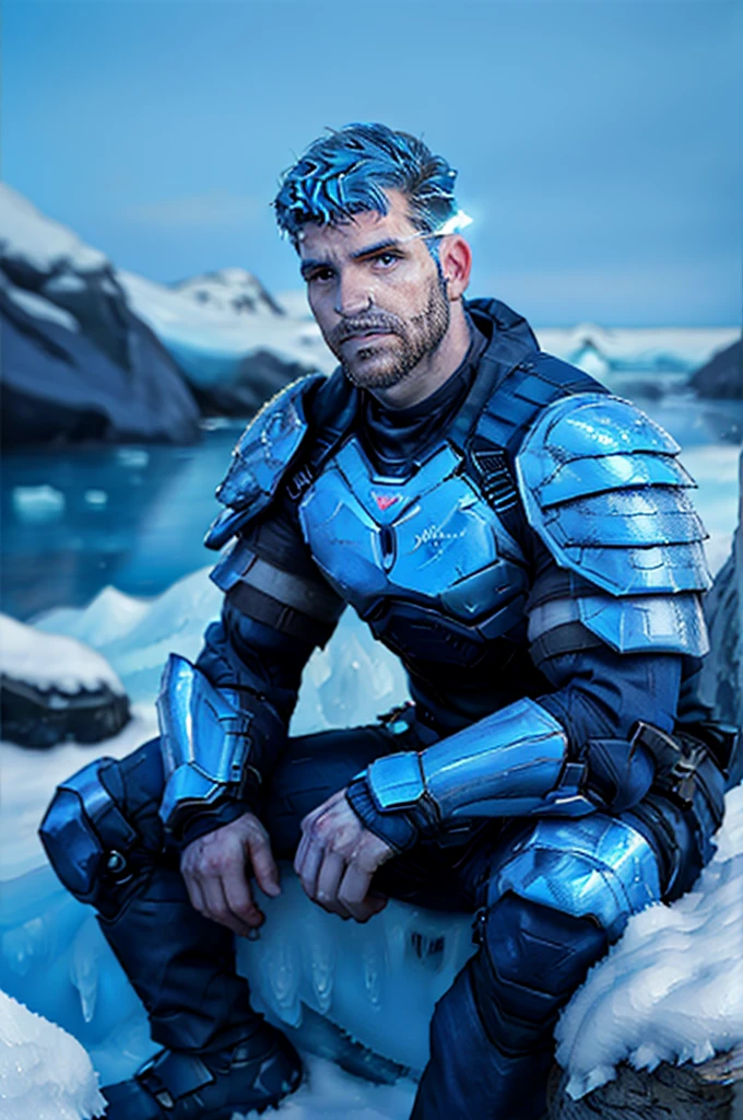  extreme close-up, close-up on face, man, sitting on a rock, futurist neon armor , blue hair and blue stubble, snowy landscape with ice crystals. (best quality, 4k, 8k, high resolution, masterpiece: 1.2, Ultra detailed) Very detailed face, detailed facial features
