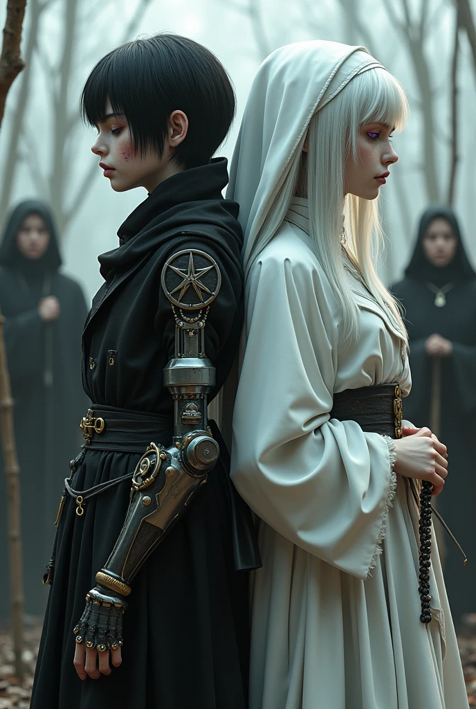 Two realistic pale twins, From the Middle Ages, back to back, the left with violet eye, short black hair, black alchemist robes with technology, cut on the face, steampunk left arm prosthesis, with pentagram and dagger, with a look of suffering, right with white nun clothes, long white hair, eyes closed holding a rosary, with an execution at the stake behind.