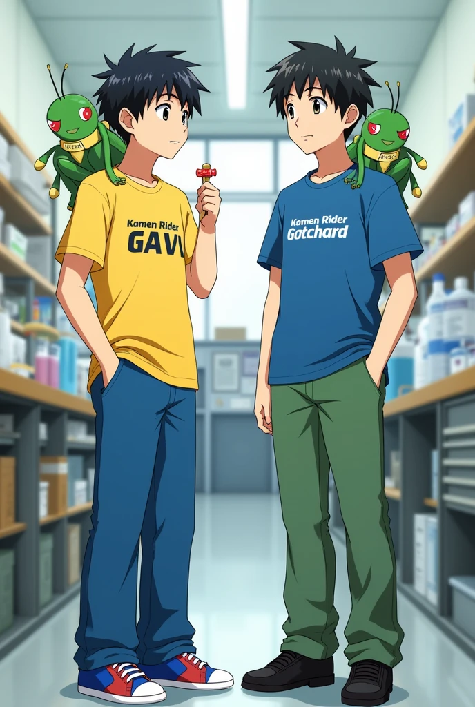 1 Japanese man,Age 23,black short hairน้ำเงิน,Yellow short-sleeved shirt with the words Kamen Rider Gavv written on it.,long blue pants,Blue and red shoes,Holding a candy,1 Japanese man,Age 18,black short hair,Blue short-sleeved shirt with the words Kamen Rider Gotchard written on it.,Green long school pants,black shoes,A grasshopper doll clings to the shoulder.,behind,Science room